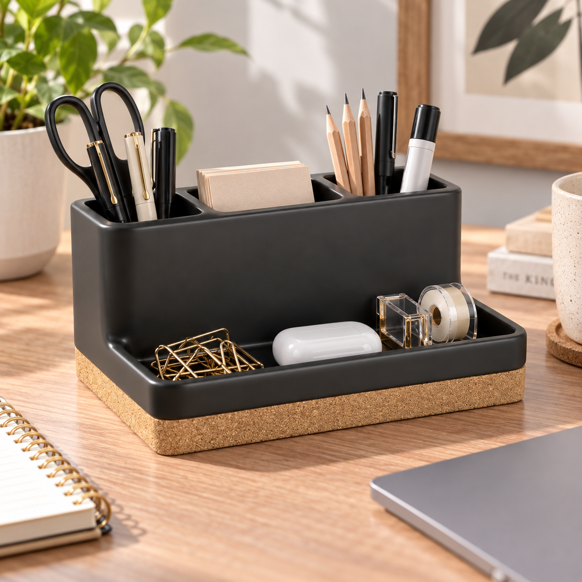 Matte Black & Cork 3-Compartment Organizer