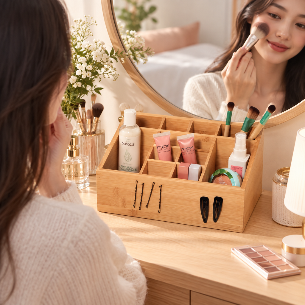 Natural Bamboo 12-Compartment Vanity Organizer