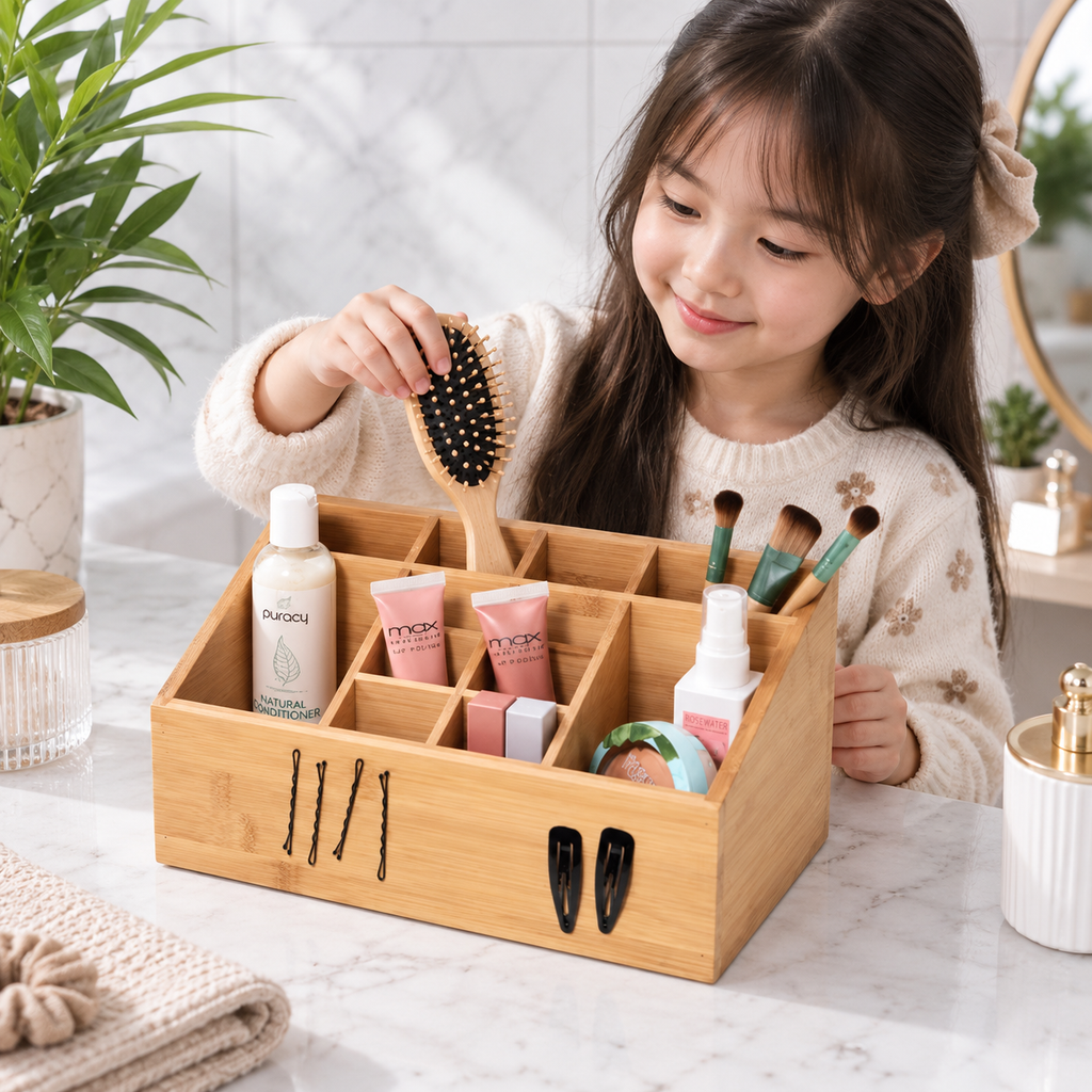 Natural Bamboo 12-Compartment Vanity Organizer
