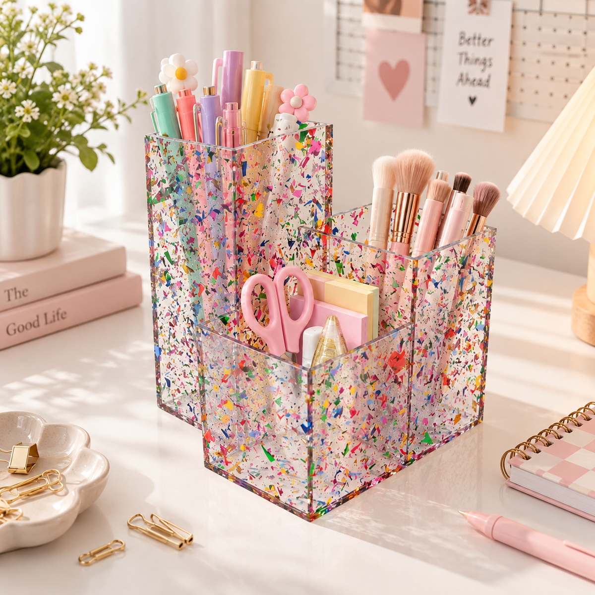 Pink Confetti Acrylic Makeup Brush Organizer