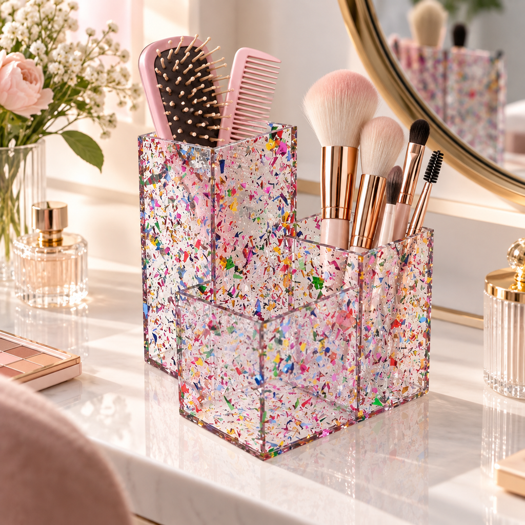 Pink Confetti Acrylic Makeup Brush Organizer