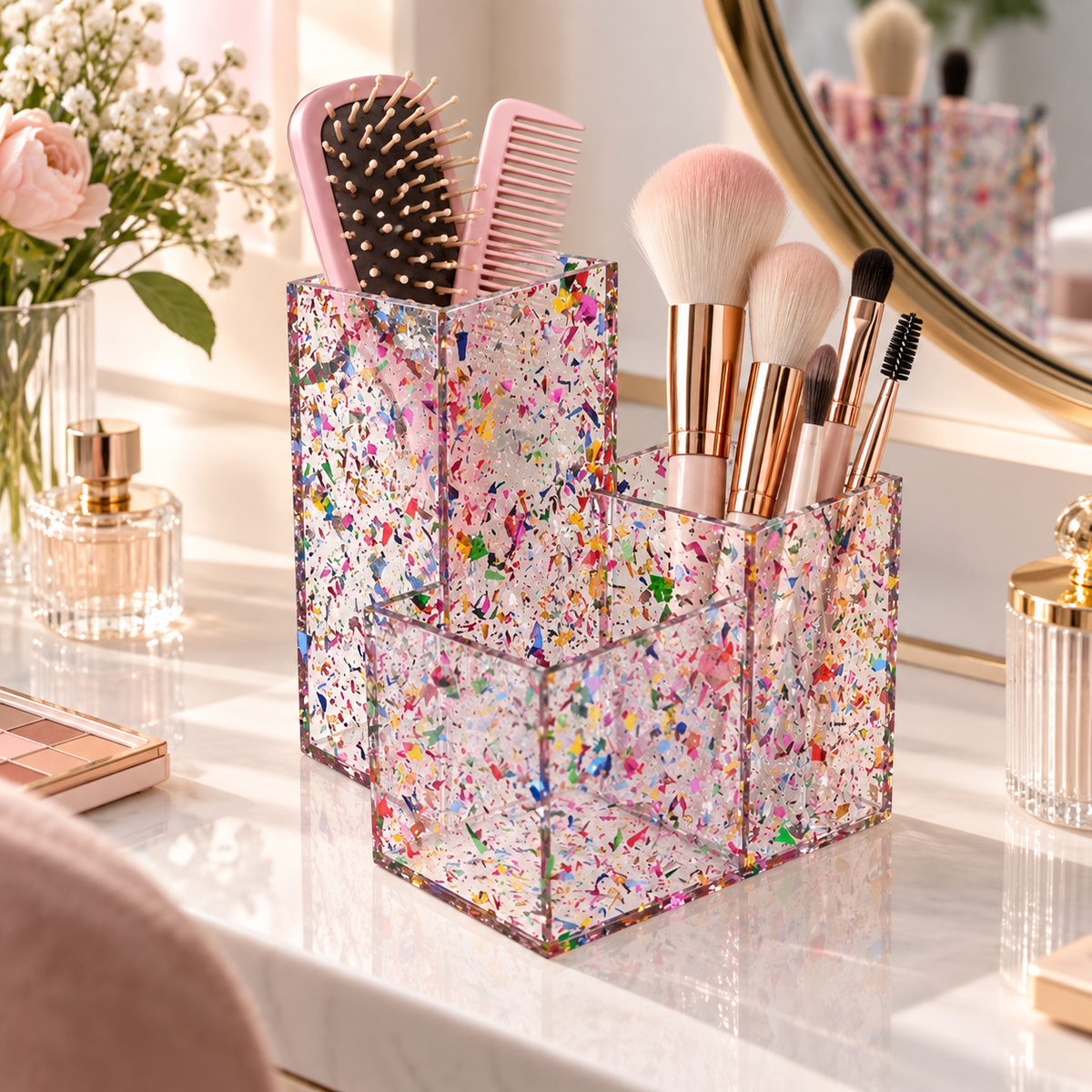 Pink Confetti Acrylic Makeup Brush Organizer