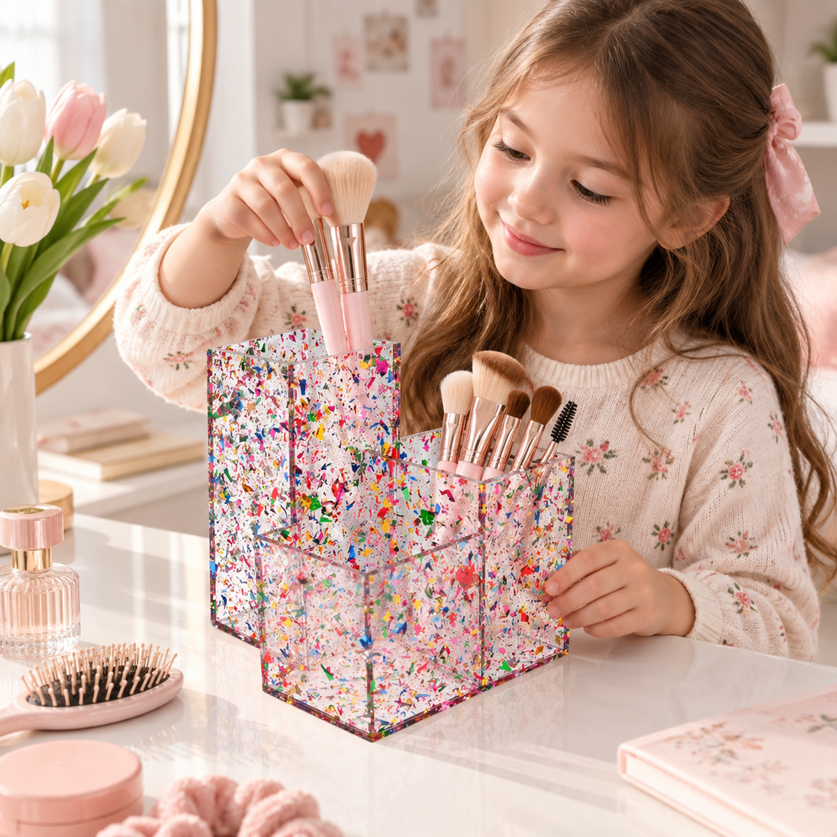 Pink Confetti Acrylic Makeup Brush Organizer