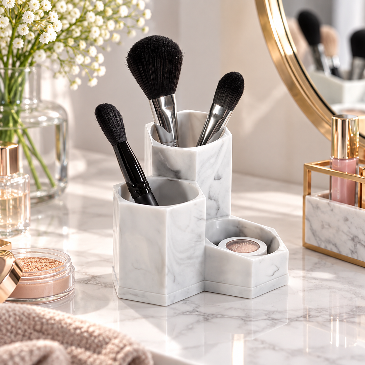 Marble 3-Compartment Makeup & Brush Organizer