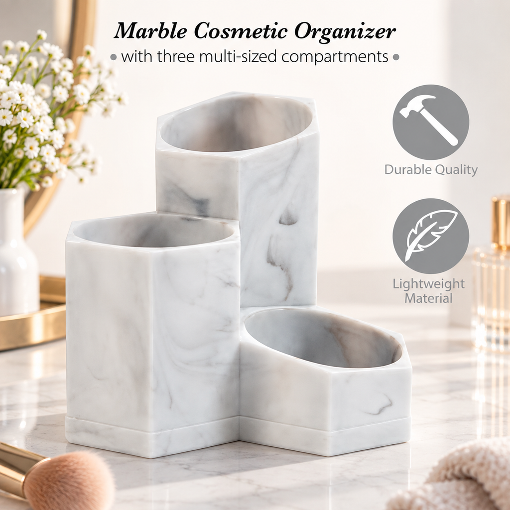 Marble 3-Compartment Makeup & Brush Organizer
