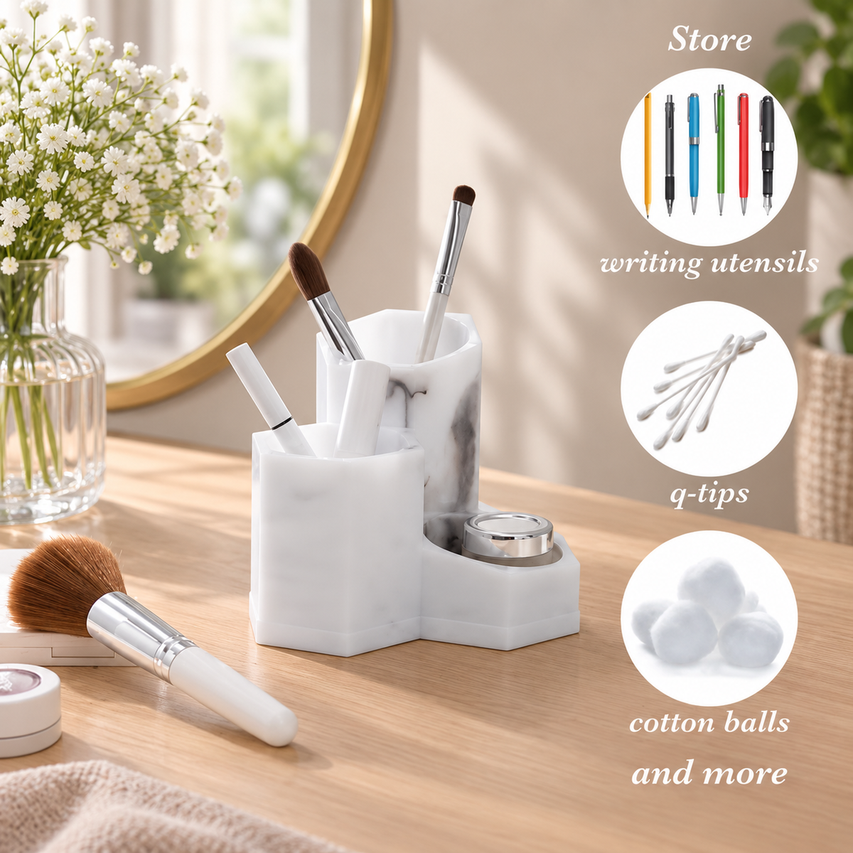 Marble 3-Compartment Makeup & Brush Organizer