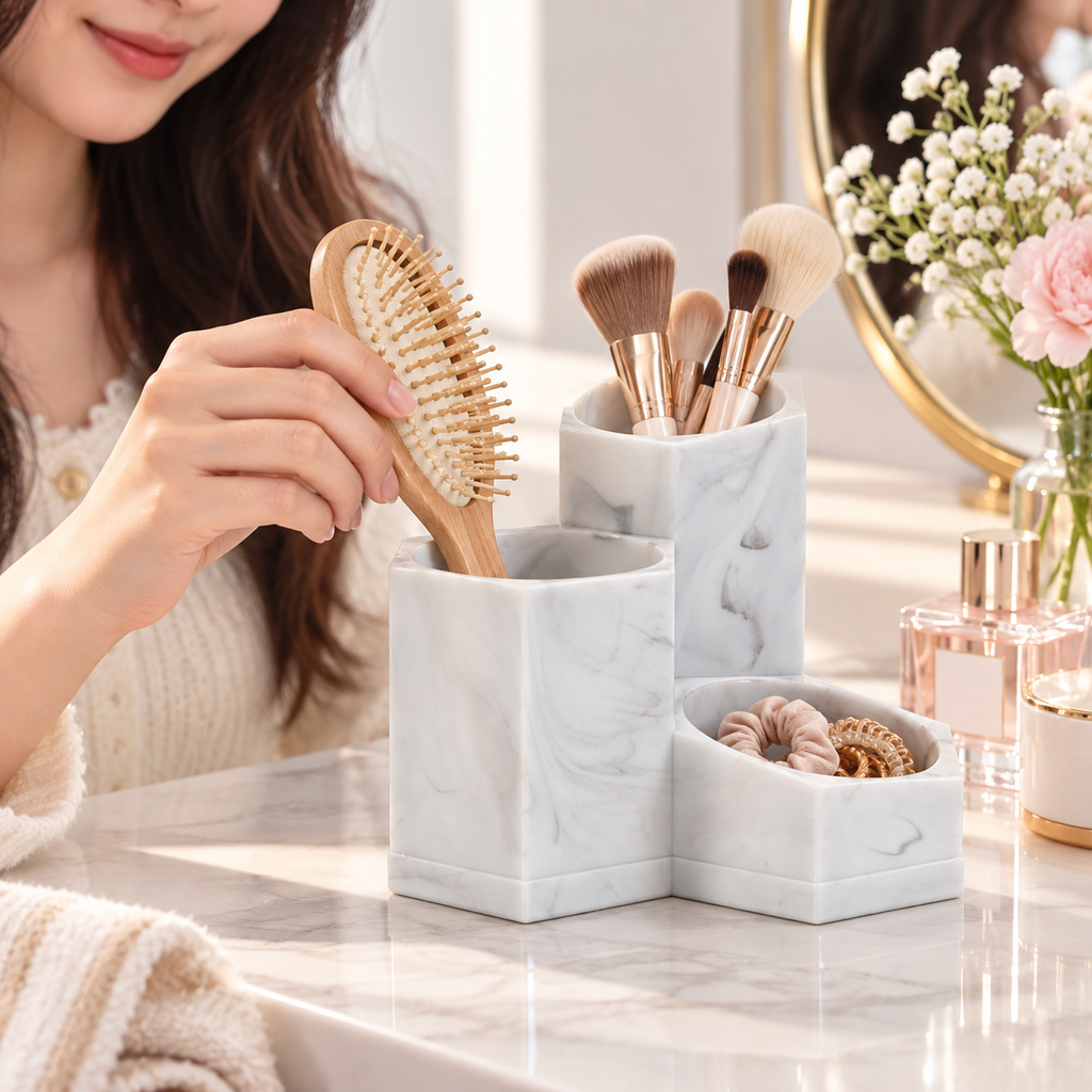 Marble 3-Compartment Makeup & Brush Organizer
